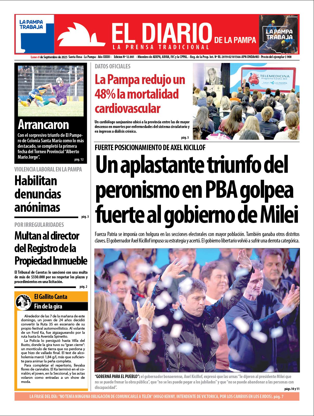 Tapa de El Diario en papel  lunes 08 de septiembre de 2025
